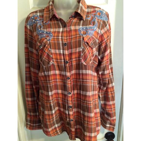 Roar Western Shirt Button Up Orange Plaid Sequined Detailed Women's Sz L Cowgirl - Picture 1 of 13